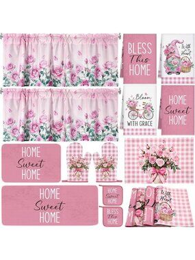 16 Pcs Pink Rose Kitchen Decor Set - Towels, Placemats, Rugs, Mitts & Curtains